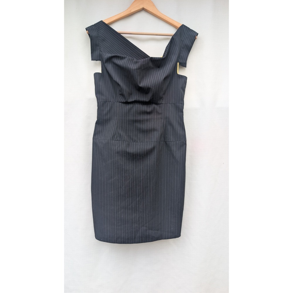 Black Halo Pinstripe Sheath Dress Womens 6 Black White Asymmetric Office Siren